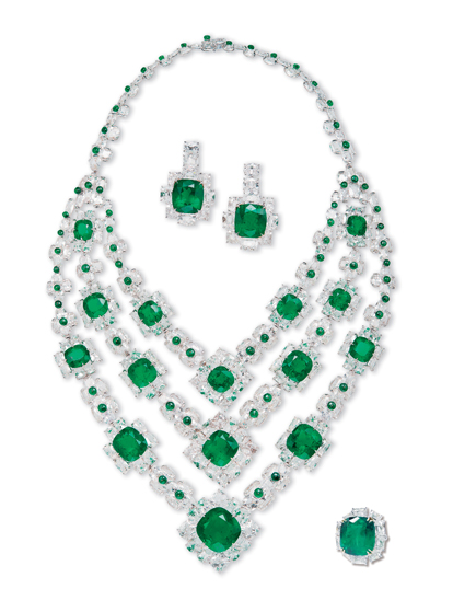 Colombian emerald necklace, earring and ring set